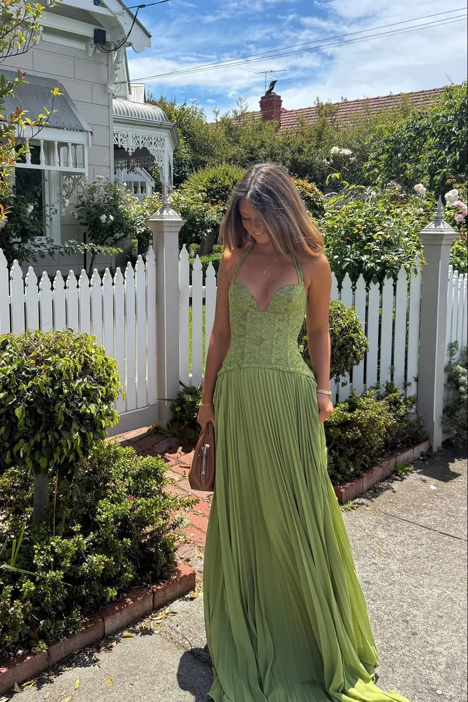 Green Pleated Corset Long Dress Women UK – Wedding Guest Garden Party Evening Gown, Formal Occasion