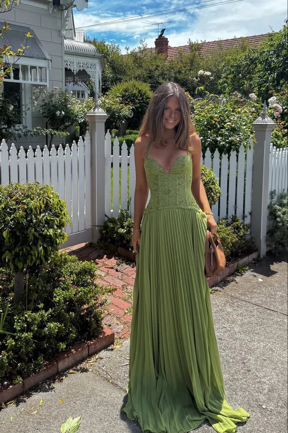 Green Pleated Corset Long Dress Women UK – Wedding Guest Garden Party Evening Gown, Formal Occasion