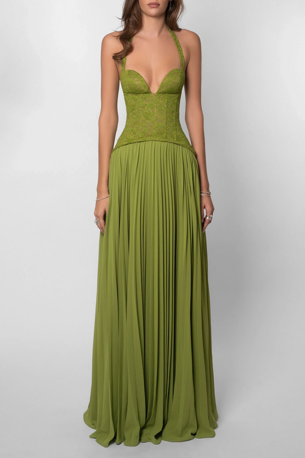 Green Pleated Corset Long Dress Women UK – Wedding Guest Garden Party Evening Gown, Formal Occasion