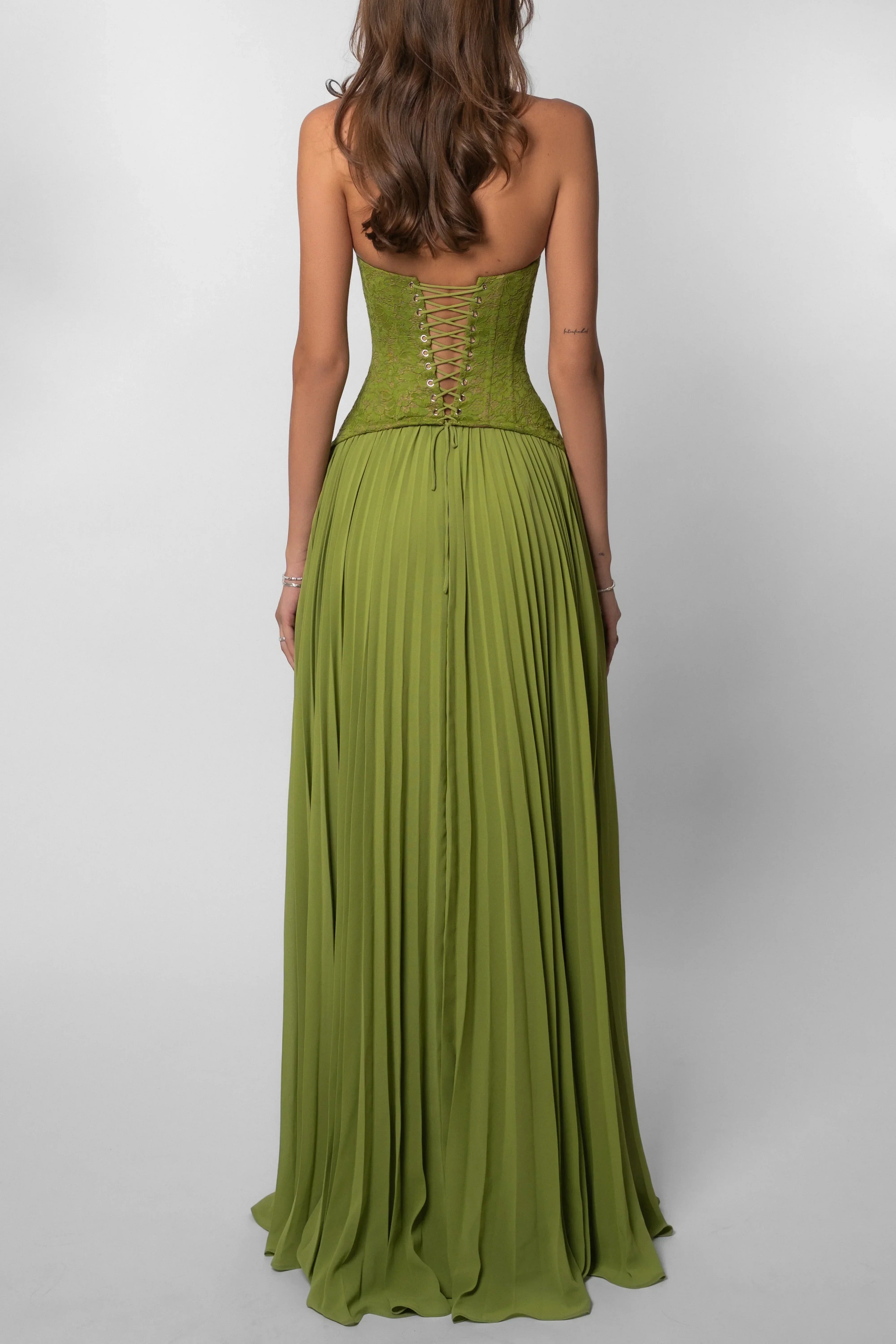 Green Pleated Corset Long Dress Women UK – Wedding Guest Garden Party Evening Gown, Formal Occasion