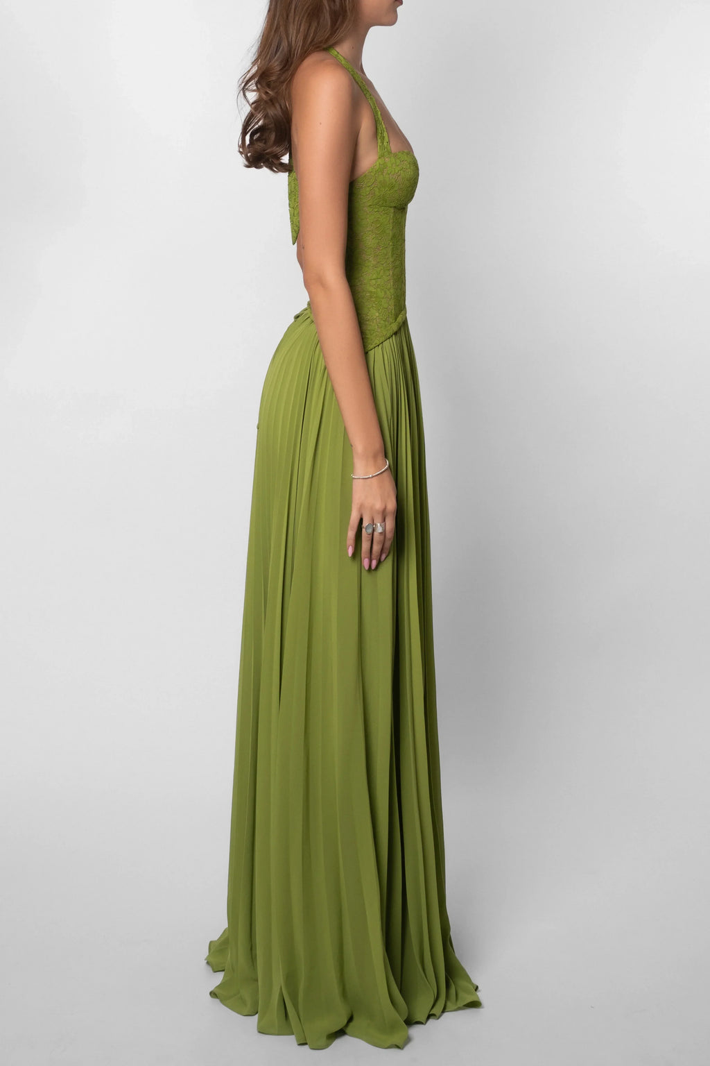 Green Pleated Corset Long Dress Women UK – Wedding Guest Garden Party Evening Gown, Formal Occasion