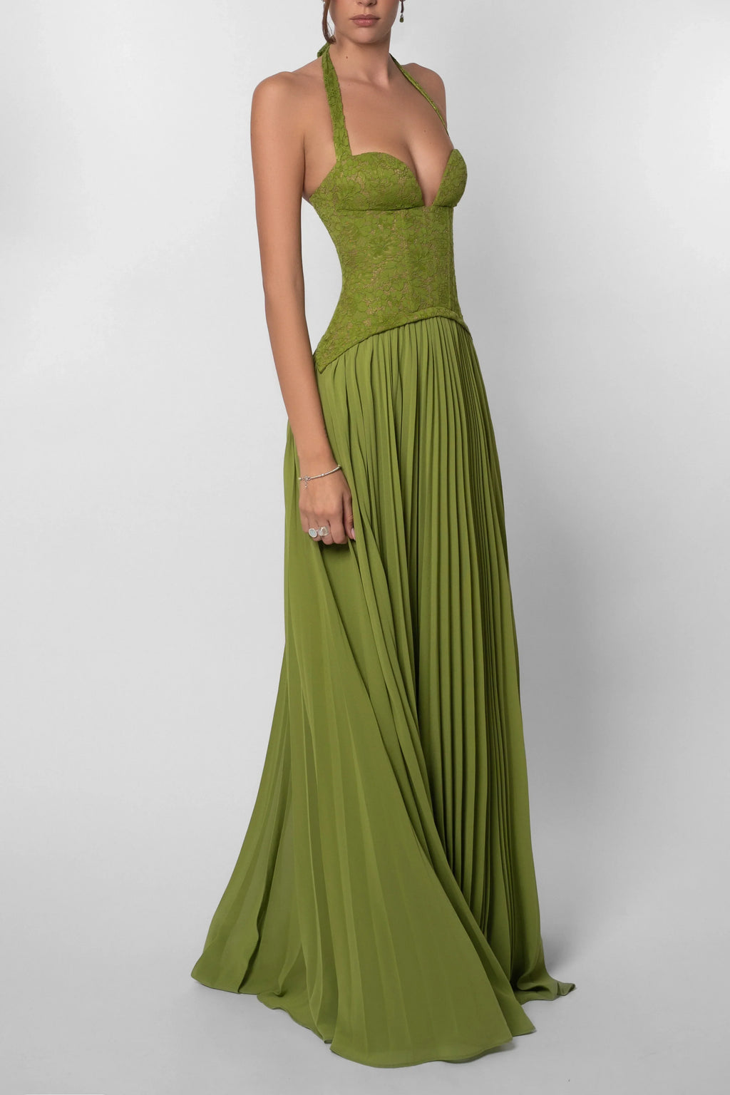 Green Pleated Corset Long Dress Women UK – Wedding Guest Garden Party Evening Gown, Formal Occasion