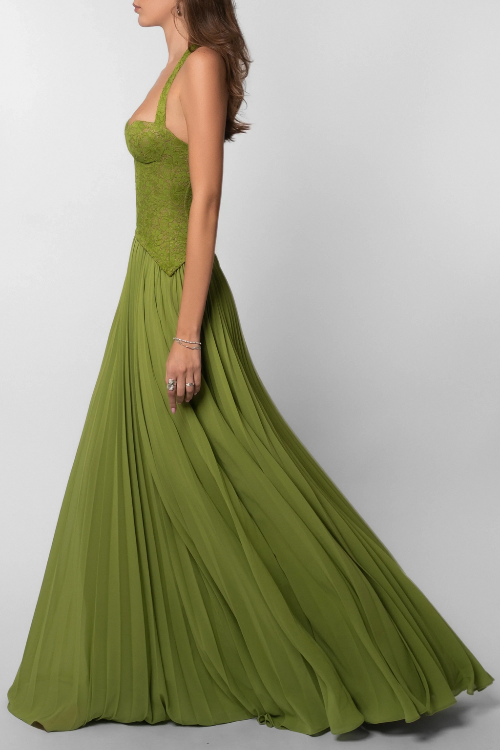 Green Pleated Corset Long Dress Women UK – Wedding Guest Garden Party Evening Gown, Formal Occasion