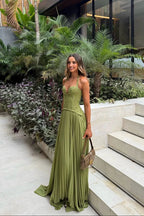 Green Pleated Corset Long Dress Women UK – Wedding Guest Garden Party Evening Gown, Formal Occasion