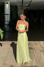 Green Pleated Long Dress Women UK – Wedding Guest Garden Party Evening Gown, Formal Occasion