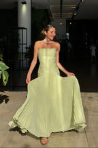 Green Pleated Long Dress Women UK – Wedding Guest Garden Party Evening Gown, Formal Occasion