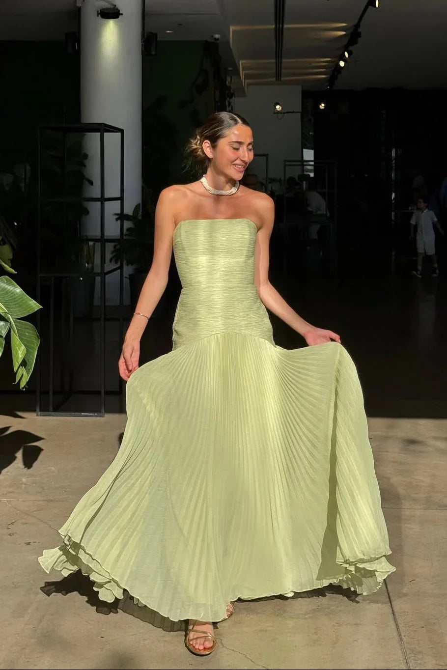 Green Pleated Long Dress Women UK – Wedding Guest Garden Party Evening Gown, Formal Occasion