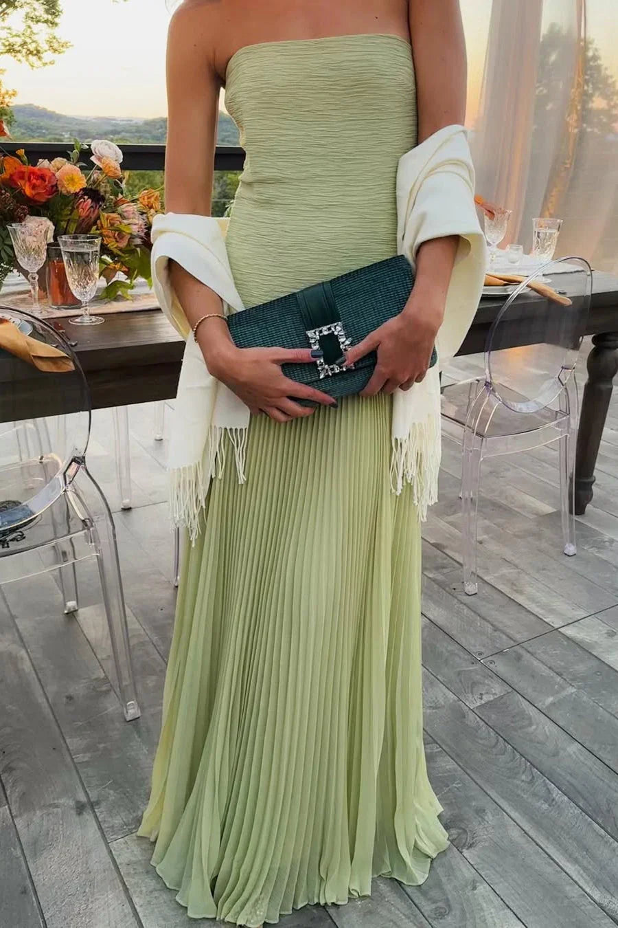 Green Pleated Long Dress Women UK – Wedding Guest Garden Party Evening Gown, Formal Occasion