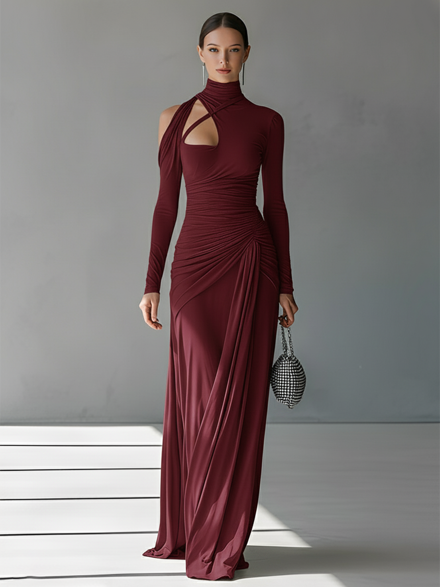 Grey Silky Stretch Maxi Dress with Ruched Cut-Out, High Neck for Evening Wear