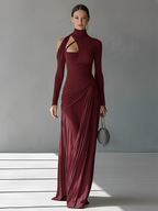 Grey Silky Stretch Maxi Dress with Ruched Cut-Out, High Neck for Evening Wear