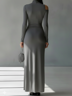 Grey Silky Stretch Maxi Dress with Ruched Cut-Out, High Neck for Evening Wear