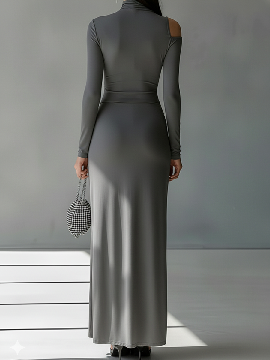 Grey Silky Stretch Maxi Dress with Ruched Cut-Out, High Neck for Evening Wear