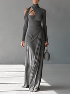 Grey Silky Stretch Maxi Dress with Ruched Cut-Out, High Neck for Evening Wear