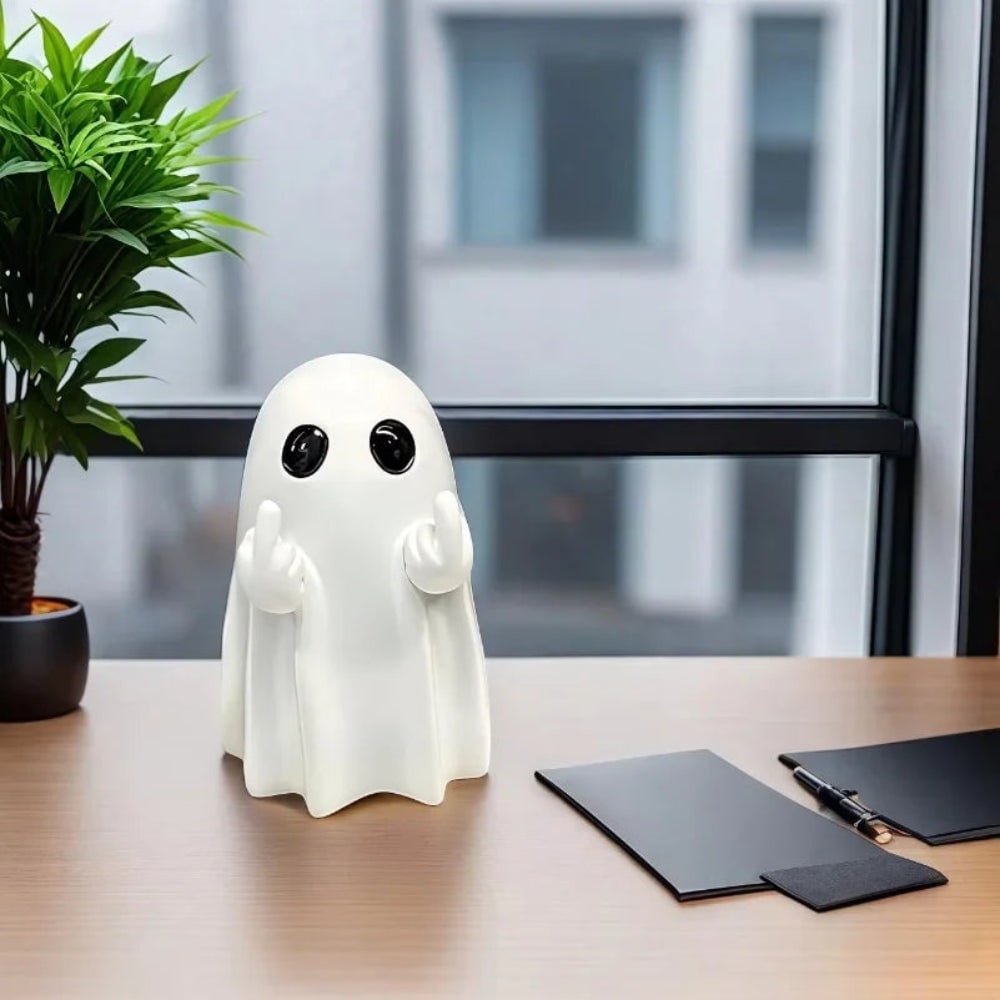 Halloween Ghost Figurine Decoration with Middle Finger Gesture – Party Decor, Tabletop Display