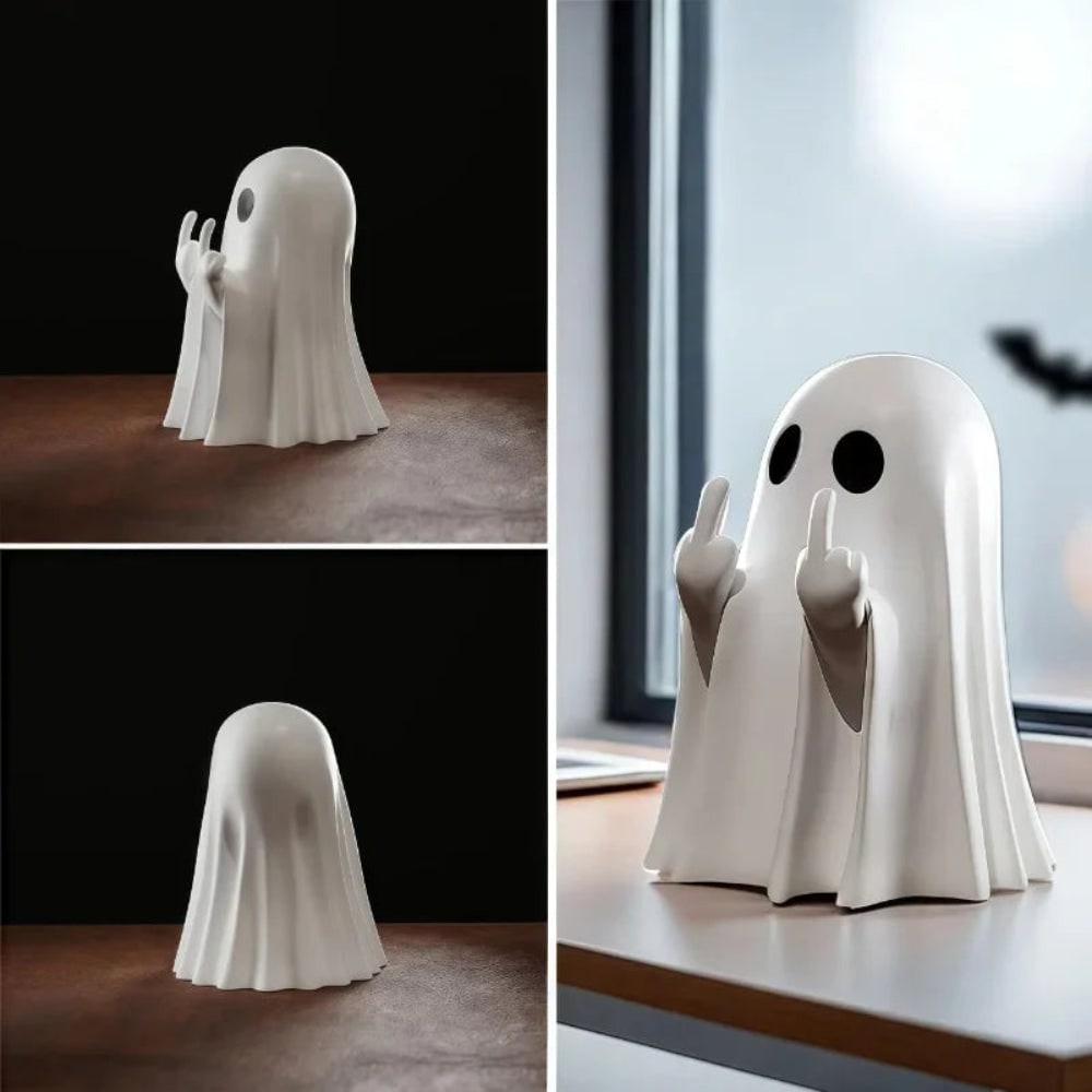 Halloween Ghost Figurine Decoration with Middle Finger Gesture – Party Decor, Tabletop Display