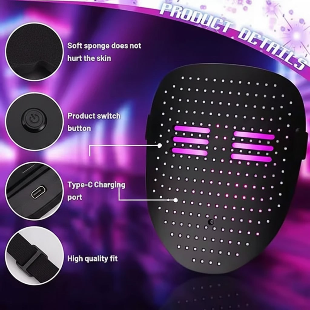 Halloween LED Face Mask, Red Light Therapy, USB Rechargeable – Costume Party, Spa Treatment