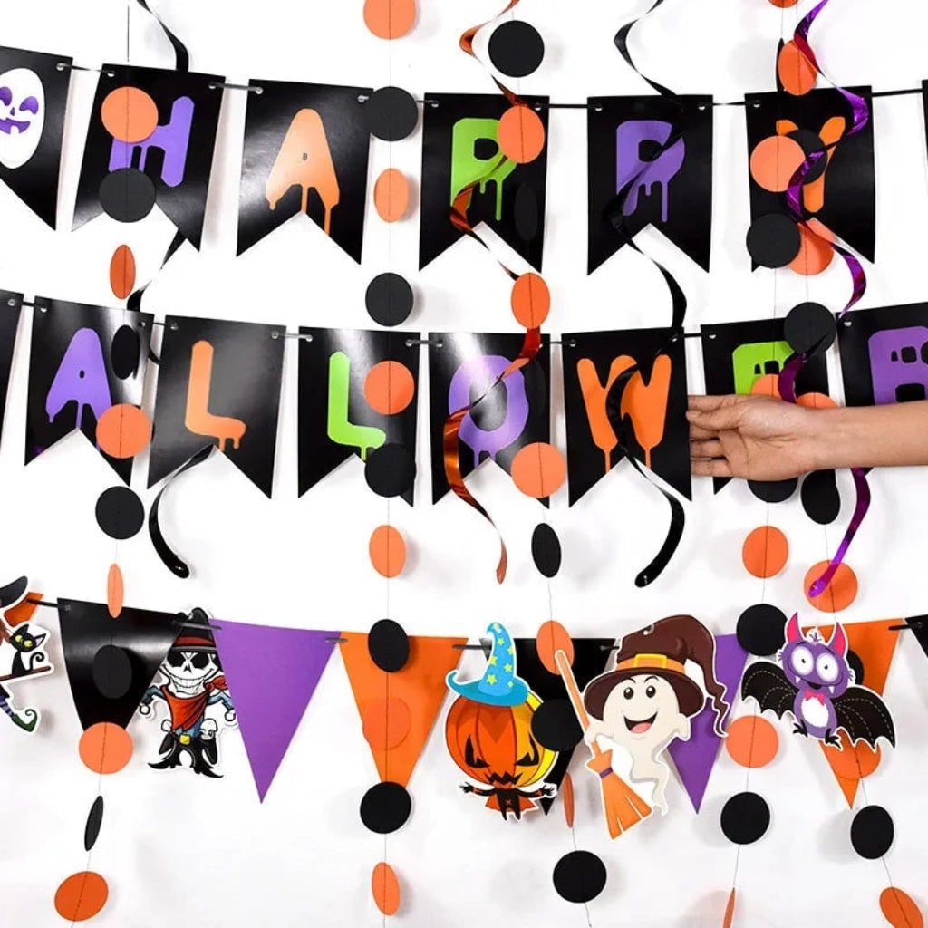 Halloween Party Decoration Kit with Banner & Hanging Swirls – Festive Home Decor, Outdoor Celebration