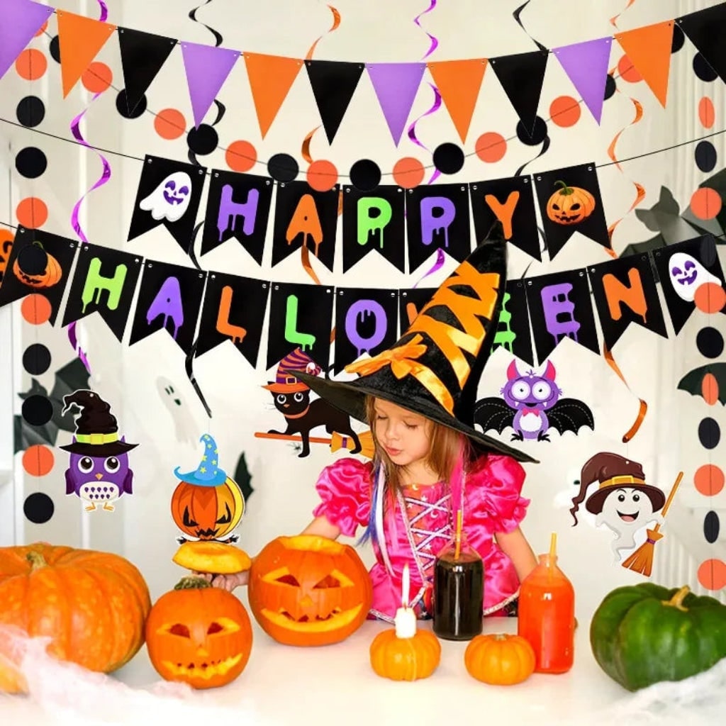 Halloween Party Decoration Kit with Banner & Hanging Swirls – Festive Home Decor, Outdoor Celebration