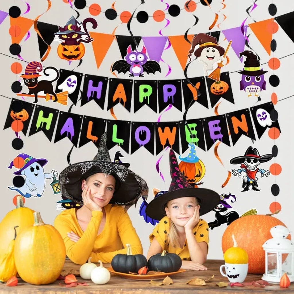 Halloween Party Decoration Kit with Banner & Hanging Swirls – Festive Home Decor, Outdoor Celebration
