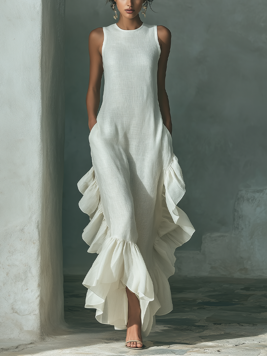 Ivory Linen Maxi Dress for Women - Sleeveless, Round Neck, Ruffle Hem, Everyday Wear
