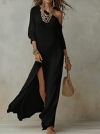Ivory One-Shoulder Maxi Dress in Textured Fabric for Bohemian Style Events