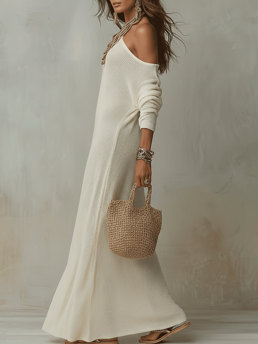 Ivory One-Shoulder Maxi Dress in Textured Fabric for Bohemian Style Events