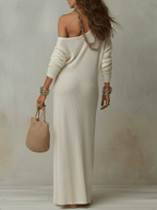 Ivory One-Shoulder Maxi Dress in Textured Fabric for Bohemian Style Events