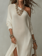 Ivory One-Shoulder Maxi Dress in Textured Fabric for Bohemian Style Events