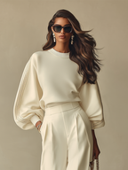 Ivory Textured Co-Ord Set for Women UK – Ribbed Crew Neck & High-Waisted Bottoms, Smart Casual Brunch Holiday Outfit