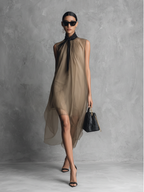 Khaki and Brown Color-Blocked Chiffon Sleeveless Dress for Women
