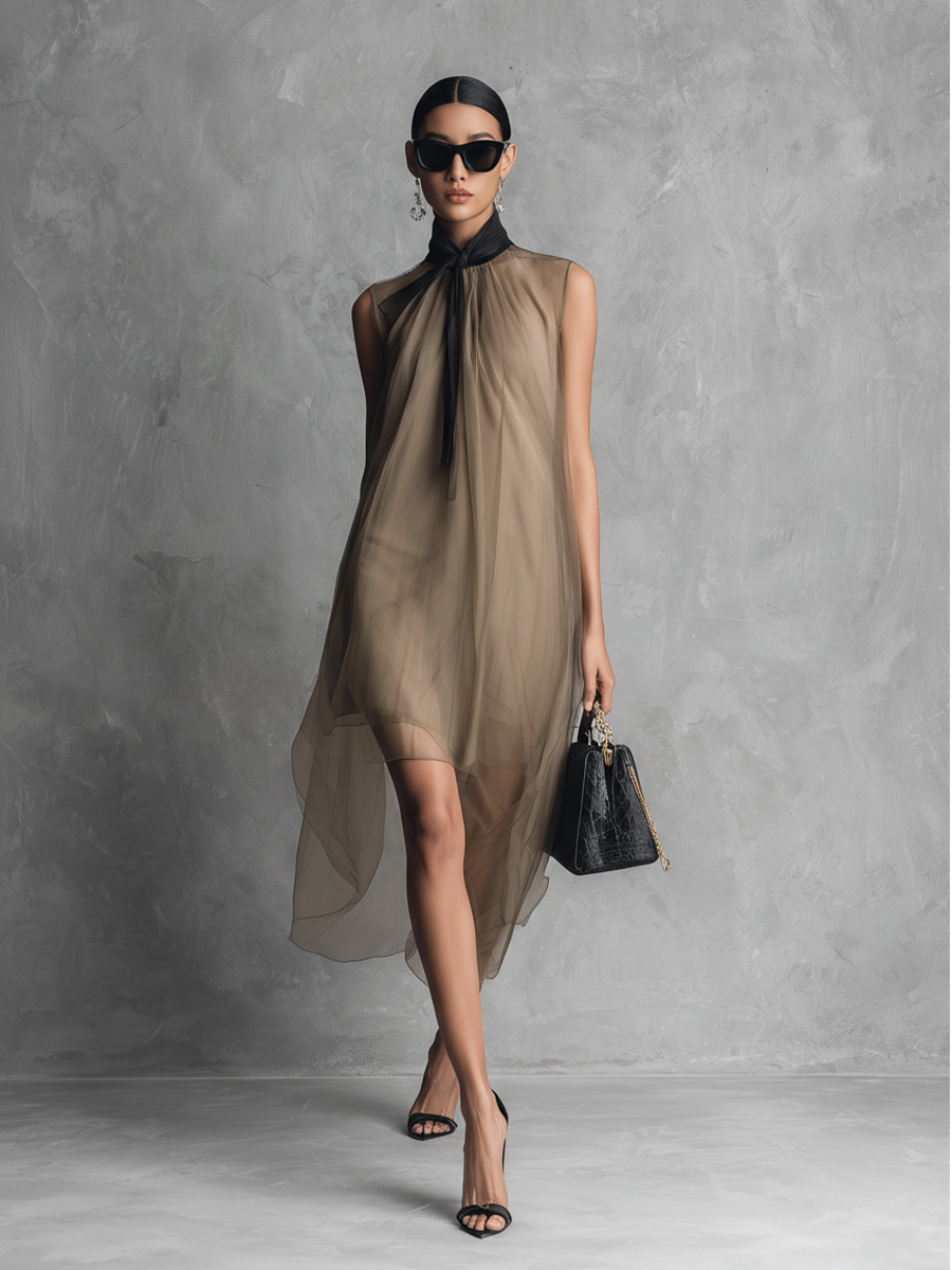 Khaki and Brown Color-Blocked Chiffon Sleeveless Dress for Women