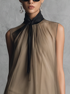 Khaki and Brown Color-Blocked Chiffon Sleeveless Dress for Women