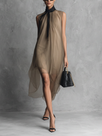 Khaki and Brown Color-Blocked Chiffon Sleeveless Dress for Women