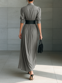 Lapel Long Sleeve Belted Maxi Dress for Women - Elegant Casual Wear, MDA1758G1Y