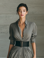 Lapel Long Sleeve Belted Maxi Dress for Women - Elegant Casual Wear MDA1758G1Y