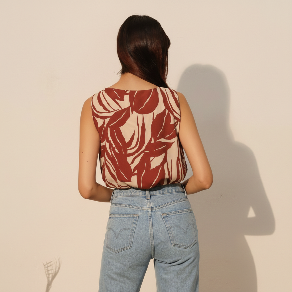 Leaf Print Crop Top - Lightweight Cotton Blend - Casual Summer Wear