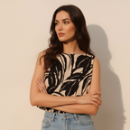 Leaf Print Crop Top - Lightweight Cotton Blend - Casual Summer Wear