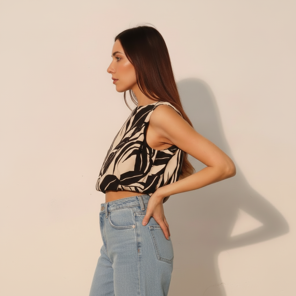 Leaf Print Crop Top - Lightweight Cotton Blend - Casual Summer Wear