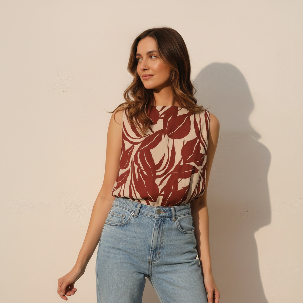 Leaf Print Crop Top - Lightweight Cotton Blend - Casual Summer Wear