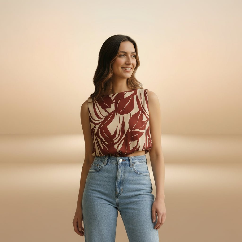 Leaf Print Crop Top - Lightweight Cotton Blend - Casual Summer Wear