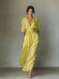 Lemon Yellow Cotton-Linen Maxi Shirt Dress with Tie Waist and Half Sleeves