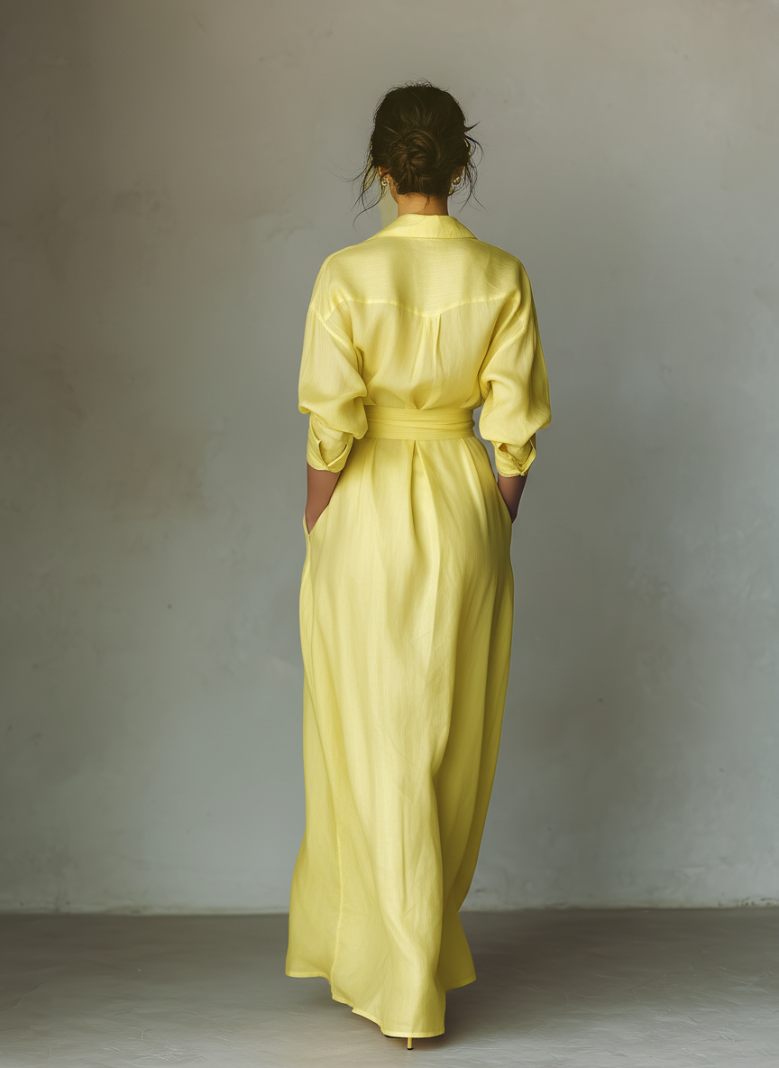 Lemon Yellow Cotton-Linen Maxi Shirt Dress with Tie Waist and Half Sleeves