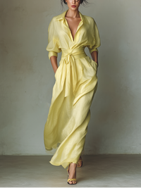 Lemon Yellow Cotton-Linen Maxi Shirt Dress with Tie Waist and Half Sleeves
