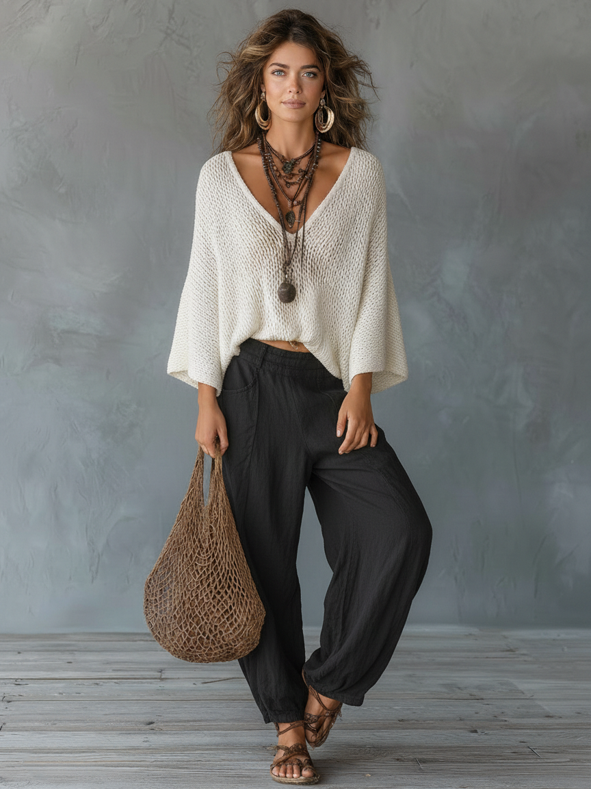 Lightweight Women's Cape-Sleeved Sweater and Harem Pants Set for Casual Wear