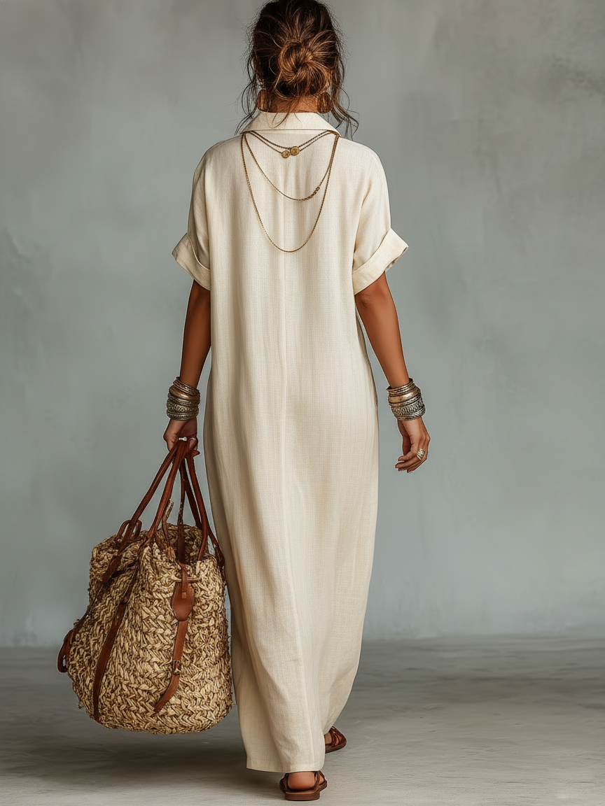 Linen Blend Embroidered Short-Sleeve Maxi Dress for Women - MDZ0600A1Y