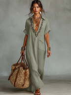 Linen Blend Embroidered Short-Sleeve Maxi Dress for Women - MDZ0600A1Y