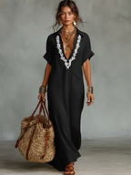 Linen Blend Embroidered Short-Sleeve Maxi Dress for Women - MDZ0600A1Y