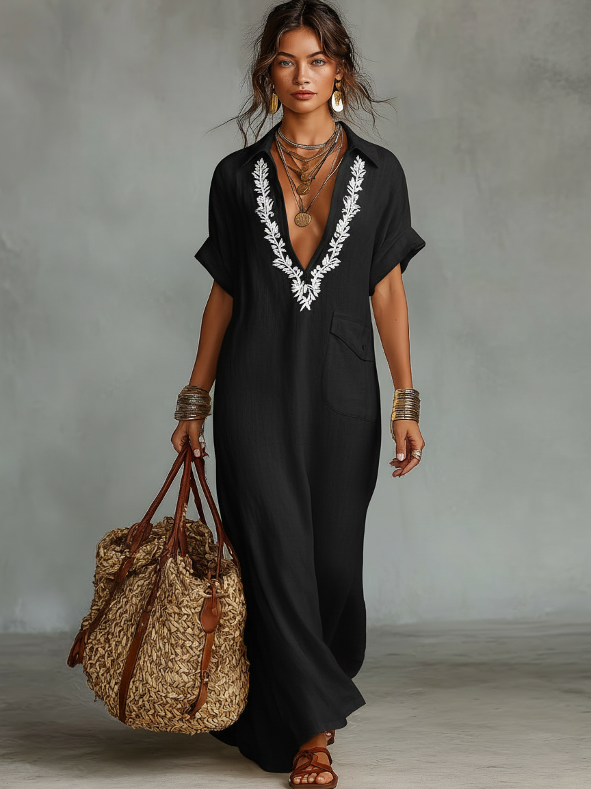 Linen Blend Embroidered Short-Sleeve Maxi Dress for Women - MDZ0600A1Y