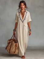 Linen Blend Embroidered Short-Sleeve Maxi Dress for Women - MDZ0600A1Y