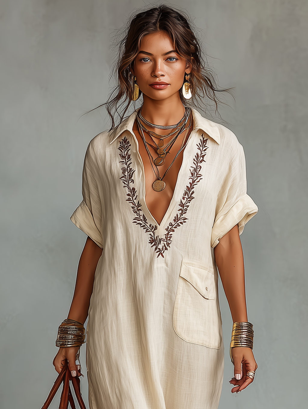 Linen Blend Embroidered Short-Sleeve Maxi Dress for Women - MDZ0600A1Y